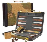 Backgammon - Mallette de backgammon - Pour adultes - En cuir - Avec carte du monde - 2 joueurs