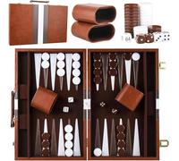 Backgammon Valise en bois 38 cm pour 2 joueurs - Classique - Avec étui en cuir de qualité supérieure - Portable et avec gobelet à dés - Pour les campeurs et les fans de voyage