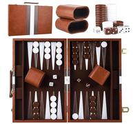 Backgammon Valise en bois pour 2 joueurs - Classique - Avec étui en cuir de qualité supérieure - Portable et avec gobelet à dés - Pour les campeurs et les fans de voyage