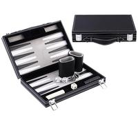 Backgammon Voyage 11 Pouces Gris 28 Cm - Simili Cuir, Feutre, 2 Joueurs | Jeu De Voyage 2 Joueurs Avec 4 Des, Doubleur, 2 Gobelets Et Pions Assortis - Coffret A Poignee, Regles Incluses, Des 6 Ans