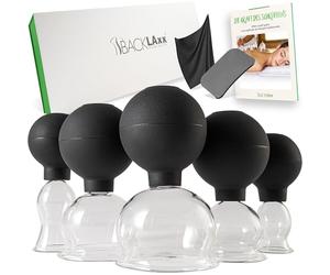 BACKLAXX ® Set de ventouses en verre véritable avec boule d’aspiration en silicone et grattoir de fascia, ventouses contre la cellulite, ventouses pour le visage contre les plis