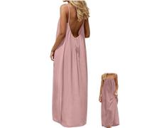 Backless Cami Dresses, Casual Lounge Dress for Women, Solid Color Sleeveless Dress, Spaghetti Strap Flowy Long Beach Sundress (Pink,TTG)