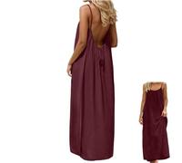 Backless Cami Dresses, Casual Lounge Dress for Women, Solid Color Sleeveless Dress, Spaghetti Strap Flowy Long Beach Sundress (Wine Red,M)