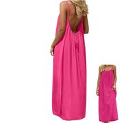 Backless Cami Dresses, Casual Lounge Dress for Women, Solid Color Sleeveless Dress, Spaghetti Strap Flowy Long Beach Sundress (Rose Pink,TG)