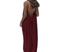 Backless House Dress for Women - Women's Solid Color Backless Cami Dress for Comfortable Summer House Beach (Burgundy,TG)