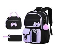 Backpack for Girls with Lunchbox 3Pcs Waterproof Bow with Pencil Case | Three-Piece Girls' Backpack Set, Including Lunchbox and Pencil Case, 17-Inch Spine-Protecting Backpack, Cute Bow-Adorned