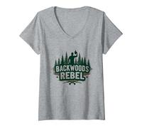 Backwoods Rebel : l'esprit d'aventure de Rugged Outdoorsman T-Shirt avec Col en V, Femme, Gris Chiné, S