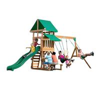 Backyard Discovery Belmont Aire de Jeux avec Toboggan Vert | Portique avec 2 Balançoires, Trapèze, Bac à Sable & Table de Pique-Nique, Hauteur Plateforme 120 cm
