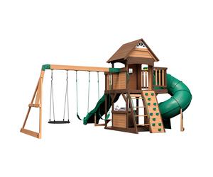Backyard Discovery Cedar Cove, Aire de Jeux en Bois | Portique Balançoire avec Double Mur d'Escalade, Toboggan et Balançoire, Bac à Sable | Balançoire Nid Oiseaux, Jeux Exterieur, +3 ans