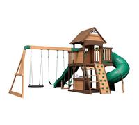 Backyard Discovery Maisonnette en bois Cedar Cove – Balançoires, 2 toboggans, mur d'escalade et banc