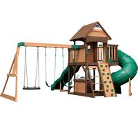 Backyard Discovery Cedar Cove | Maisonnette en bois avec Balancoires, Toboggan Double Mur d'Escalade et Banc | Balancoire Exterieur avec Toboggan,