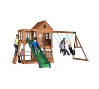 Backyard Discovery Hill Crest, Aire de Jeux en Bois | Portique Balançoire avec Mur d'escalade, Toboggan et Balançoire, Bac à Sable | Trapèze, Jeux Exterieur, +3 Ans