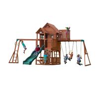 Backyard Discovery Skyfort II Aire de jeux en bois | Aire de jeux Extérieur avec balançoire, toboggan, bac à sable / mur d’escalade, Balancoire Exterieur avec Toboggan, Portique Balancoire Exterieur