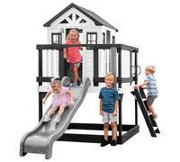 Backyard Discovery Sweetwater Heights Maisonnette en Bois, Noire/Blanche | Cabane de Jardin pour Enfants | Jeux de Role extérieur/avec Cuisine, Toboggan - 310 x 190 x 230 cm / 3 à 10 Ans.