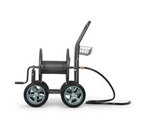 Backyard Expressions Enrouleur de tuyau d'arrosage à 4 roues avec panier de rangement, enrouleur à manivelle, finition gris martelé résistant à la rouille, connecteurs en laiton