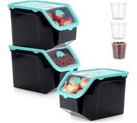 Bacs à fruits et légumes - Vilde - Empilables, 34 x 23 x 23 cm - Noir avec couvercles turquoise