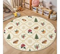 BACSEAZH 80 cm Tapis Rond Salon Grille Géométrique D'Éléments Noël - Lavable en Machine | Tapis de Sol Décoration Antidérapant pour Balcon Terrasse Salle à Manger, Style Pastoral Européen