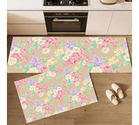 BACSEAZH Lot de 2 Tapis de Cuisine Aquarelle Plantes Lavable en Machine, Rose Tapis de Sol Fleurs Feuilles Vertes Antidérapante Facile À Nettoyer, pour Cuisine Salon Chambre Couloir 50x80cm+50x150cm
