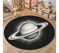 BACSEAZH Tapis Rond Antidérapant 120cm, Doux Moelleux Saturne Anneaux Imprimé Science-Fiction Illustration Lavable Poil Bas Noir Tapis de décoration, pour Décoration Salle à Manger Chambre Canapé