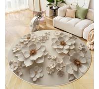 BACSEAZH Tapis Rond Antidérapant 160cm, Doux Moelleux Fleur De Magnolia Pétales Imprimé Relief 3D Fleurs Lavable Poil Bas Blanc Tapis de décoration, pour Décoration Salle à Manger Chambre Canapé