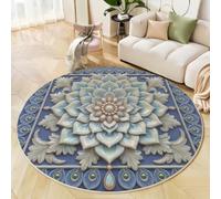 BACSEAZH Tapis Rond Bleu 60cm, Tapis de Sol Imprimé Lotus Perle Antidérapant Doux, Magnifique Relief 3D Décoration pour Salon Chambre Cuisine et Salle à Manger Zone d’étude