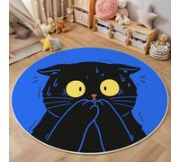 BACSEAZH Tapis Rond Bleu Mignon Dessin Animé, Tapis de Sol Chat Noir Se Couvrant La Gueule Paniqué Ne Perd Pas Ses Poils Antidérapant, pour Salon Chambre à Coucher Couloir, 90cm - Lavable en Machine