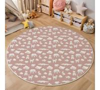 BACSEAZH Tapis Rond Dessins Animés Animaux Lavable Machine, Rose Clair Tapis Imprimé Éléphant Lapin Chat Antidérapant Absorbant, pour Salon Chambre Salle à Manger Nursery Salle de Jeux, 90cm