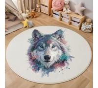 BACSEAZH Tapis Rond Gris 120cm, Tapis de Sol Imprimé Loup Éclaboussant d'encre Antidérapant Doux, Aquarelle Animaux Sauvages Décoration pour Salon Chambre Cuisine et Salle à Manger Zone d’étude
