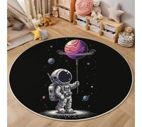 BACSEAZH Tapis Rond Imprimé Astronaute Ballon Planète, Science-Fiction Illustration Antidérapant Décoration Noir Tapis de Sol, pour Chambre d'enfant Salle de Jeux Salon Chambre Cuisine Balcon 90cm