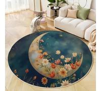 BACSEAZH Tapis Rond Imprimé Lune Fleurs Ciel Étoilé, Illustration Onirique Antidérapant Décoration Bleu Foncé Tapis de Sol, pour Chambre d'enfant Salle de Jeux Salon Chambre Cuisine Balcon 60cm