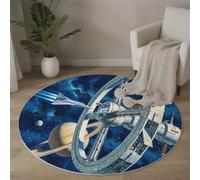 BACSEAZH Tapis Rond Imprimé Station Spatiale Vaisseau Spatial, Science-Fiction Espace Antidérapant Décoration Bleu Tapis de Sol, pour Chambre d'enfant Salle de Jeux Salon Chambre Cuisine Balcon 90cm