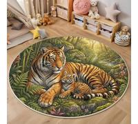 BACSEAZH Tapis Rond Jungle Faune Sauvage Ø 90cm, Doux Poils Courts Tigreon Tapis de Sol Lavable et antidérapant, pour Salon Chambre Salle à Manger Couloir Bureau, Couleur Orange