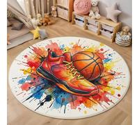 BACSEAZH Tapis Rond Lavable Baskets Basketball, Antidérapant Poils Courts Encre Éclaboussée Style Sportif Absorbant Couleur Orange Tapis de Sol, pour Salon Chambre Salle À Manger Couloir, 100cm