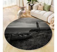 BACSEAZH Tapis Rond Noir Tranquillité Solitude Lavable en Machine, Tapis Interieur Imprimé Phare Petit Bateau Antidérapante Poil Bas, pour Salon Chambre Cuisine Nursery Bureau 180cm