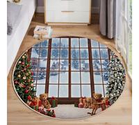BACSEAZH Tapis Rond Salon Antidérapant, Vitrine Sapin Noël, 60 cm | Parfait Coin Lecture Ou Jeux,Super Doux, Poils Ras, Lavable en Machine,Thème Noël Chaleureux
