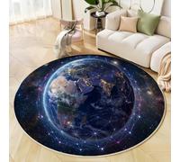 BACSEAZH Tapis Rond Science-Fiction Espace Lavable Machine, Bleu Foncé Tapis Imprimé Planètes Réseau Antidérapant Absorbant, pour Salon Chambre Salle à Manger Nursery Salle de Jeux, 90cm