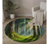 BACSEAZH Tapis Rond Vert Forêt Naturalisme Lavable en Machine, Tapis Interieur Imprimé Arbres Soleil Antidérapante Poil Bas, pour Salon Chambre Cuisine Nursery Bureau 90cm