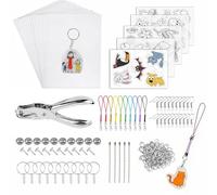 Bacxzomx 198 Pièces Plastique Fou Kit, Feuille de Plastique Rétractable DIY Set, Shrinky Dink Paper avec Perforatrice, Crayons, Porte Clé, Broches, Crochets d’Oreille - Shrink Plastic