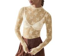 Bad Taste Tenue Femme Manches Longues Couche Haut en Maille pour Femmes, Col Montant, Broderie Florale, Chemisier Transparent T-shirt Mes Commandes Afficher, beige, M