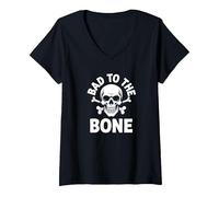 Bad to The Bone Squelette Rocker Rebel Biker Attitude T-Shirt avec Col en V, Femme, Noir, XL