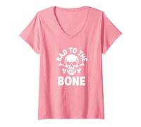 Bad to The Bone Squelette Rocker Rebel Biker Attitude T-Shirt avec Col en V, Femme, Rose, L
