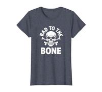 Bad to The Bone Squelette Rocker Rebel Biker Attitude T-Shirt, Femme, Bleu Chiné, XS