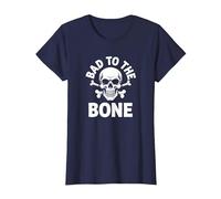Bad to The Bone Squelette Rocker Rebel Biker Attitude T-Shirt, Femme, Bleu Marine, L
