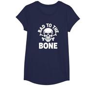 Bad to The Bone Squelette Rocker Rebel Biker Attitude T-Shirt, Fille, Bleu Marine, XS
