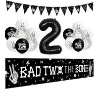 Bad Two The Bone Décorations de fête sur le thème du rock pour garçon - Bannière de fanions - Bannière de ballons - Crâne en os noir - Décoration de deuxième anniversaire pour garçon - Fournitures de