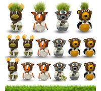 Bada Bing Lot de 16 têtes d'herbe d'animaux avec réservoir d'eau animaux de la forêt, ours, renard, élan et Bieber Tête d'animal avec graines de pelouse pour enfants, plaisir avec effet