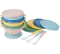 BADABULLE Lot de 5 bols bébé antidérapants 330ml, couvercles hermétiques + 3 cuilleres souples 1er âge, compatibles micro-ondes