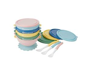 Badabulle Lot de 5 bols ventouse antidérapants 330ml et 3 cuillères 1er âge souples - avec Couvercles Hermétiques - Compatibles Micro-ondes & Congélateur