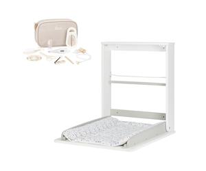 Badabulle Table à Langer Pliable Plouf & Trousse de Soin Bébé Compacte Sable - Table à Langer Murale Rabattable - Ultra Compacte pour Petites Pièces - Matelas à Langer Inclus - Etagère Intégrée