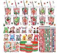 Baderke Lot de 24 cadeaux de fête de Noël pour récompense, animal-1 | Comprend des gobelets jetables rembourrés avec couvercles, un crayon, des bracelets en silicone, des autocollants pour bas de